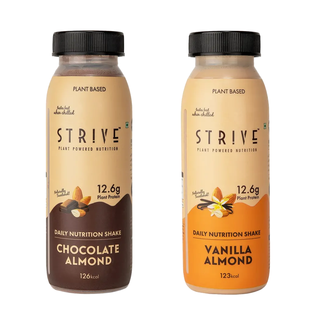 STRIVE - Vegan 12.6g Protein Shake | Creamy On-The-Go Plant-based Superfoods, Vanilla & Chocolate Almond