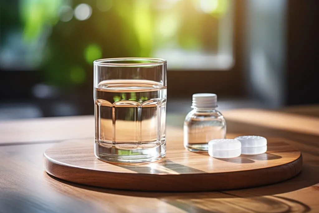 Glass of water next to tadalafil pill and dumbbell
