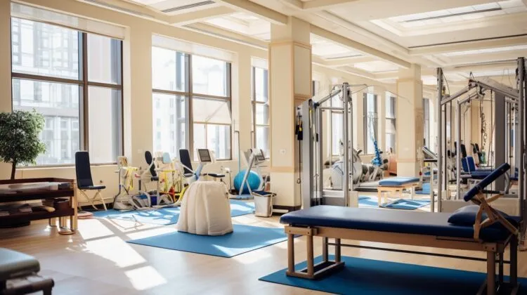 Physical therapy room with diverse exercise equipment