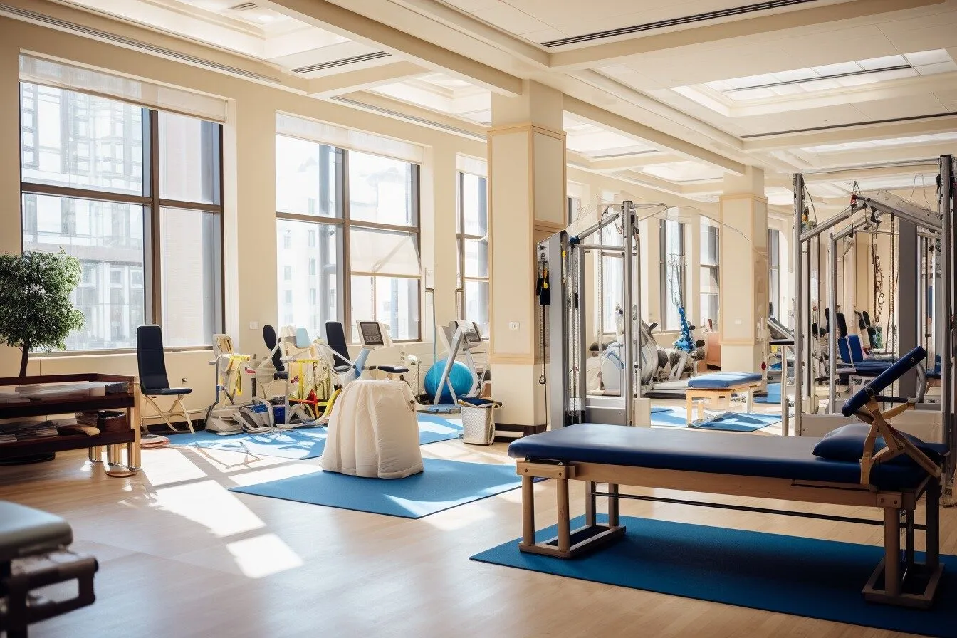 Physical therapy room with diverse exercise equipment
