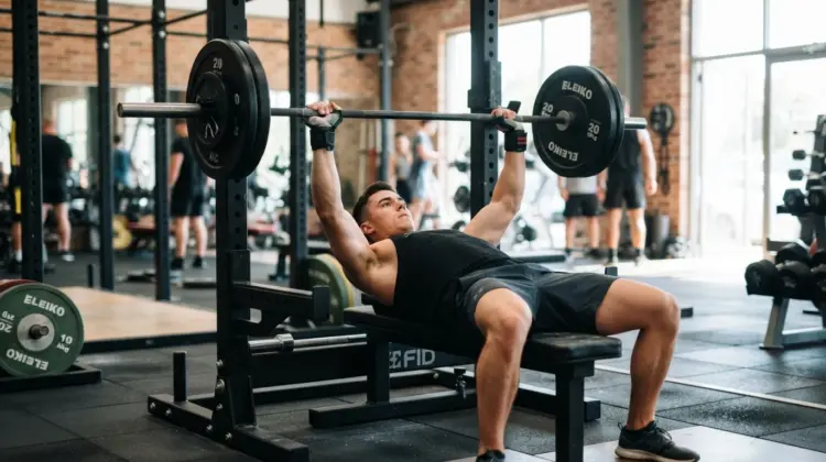 Person bench pressing barbell in gym