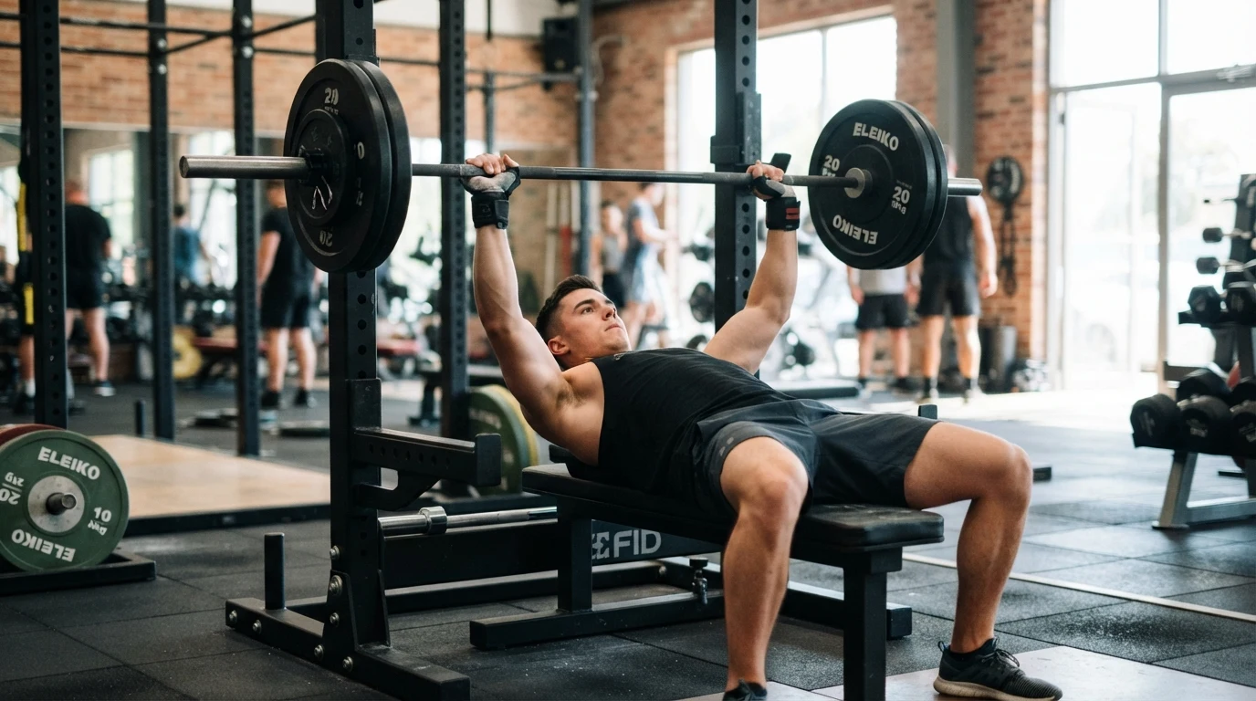 Person bench pressing barbell in gym