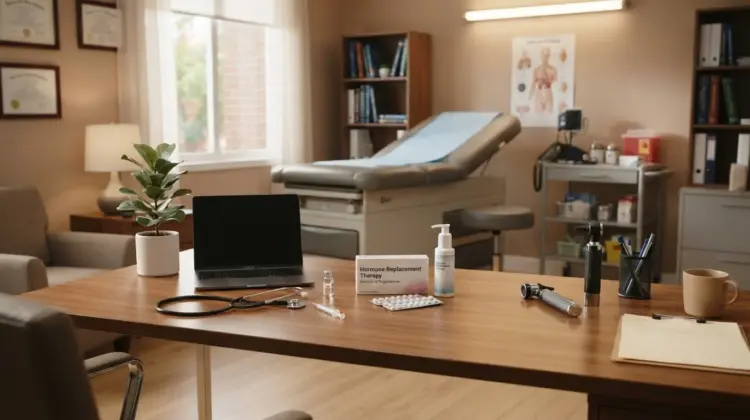 Doctor office with hormone replacement therapy supplies on desk