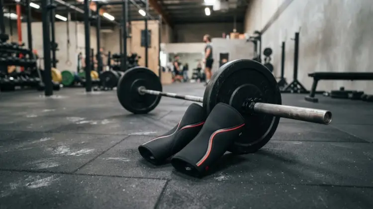 Knee sleeves next to barbell on gym floor for weightlifting