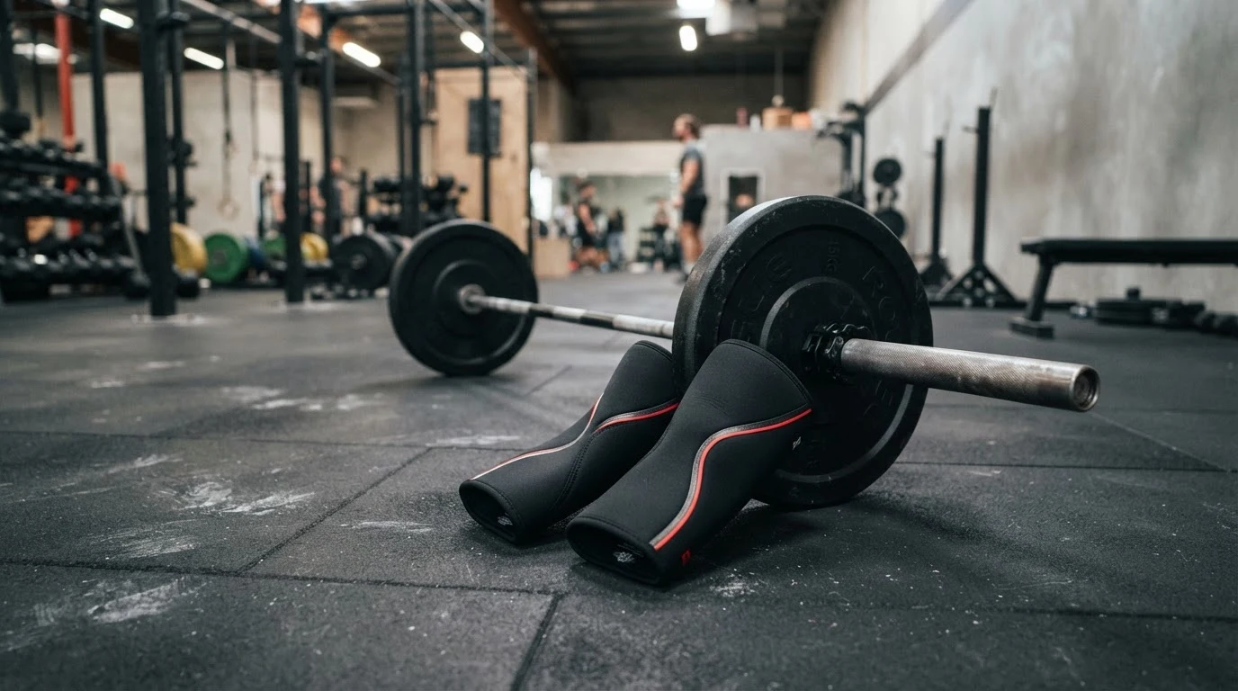 Knee sleeves next to barbell on gym floor for weightlifting