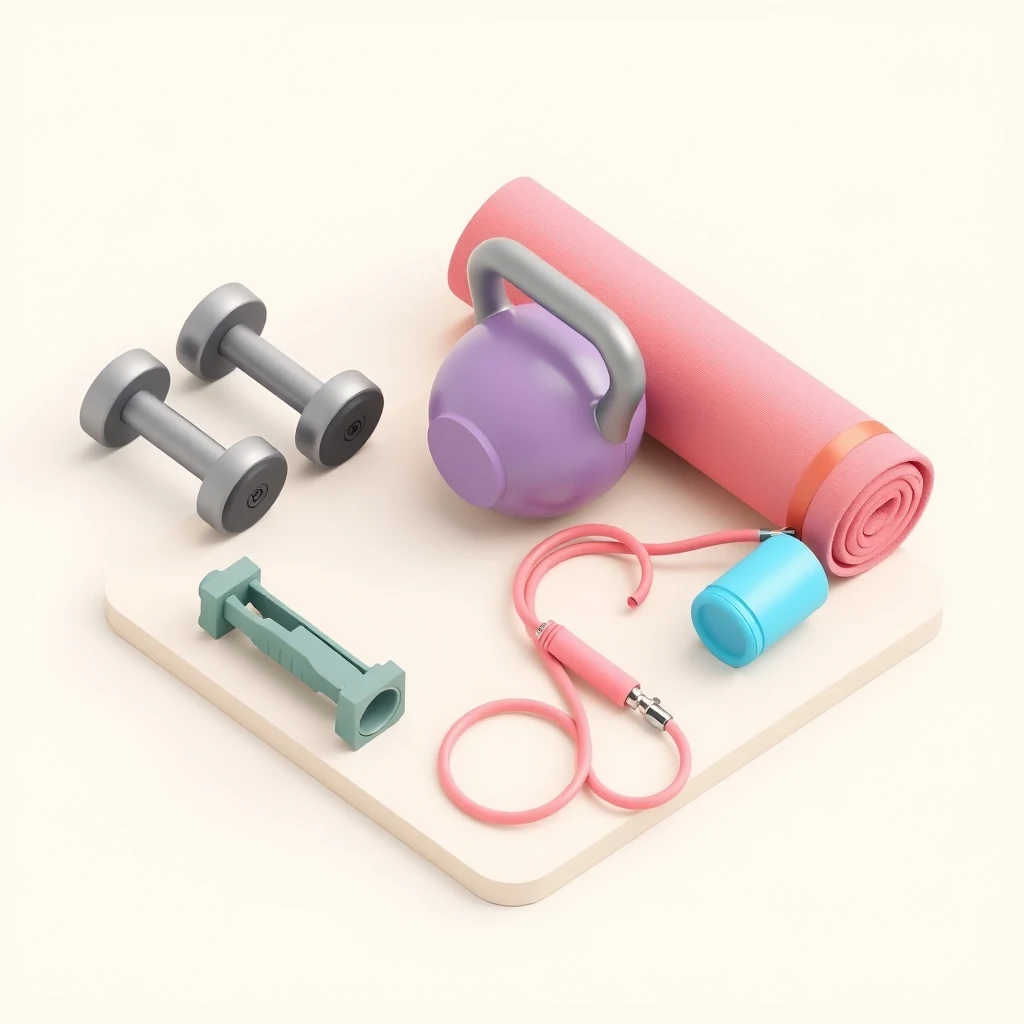P90X home workout equipment: dumbbells, kettlebell, mat, jump rope