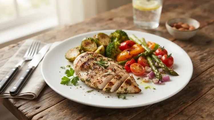 Grilled chicken and vegetables on a plate - Paleo diet meal