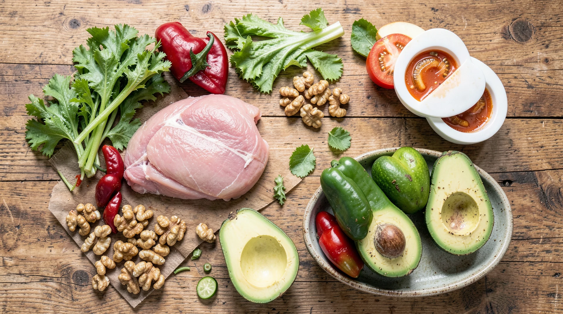 Fresh Paleo diet ingredients on wooden table