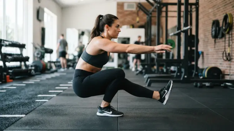 Person performing a pistol squat on one leg in gym