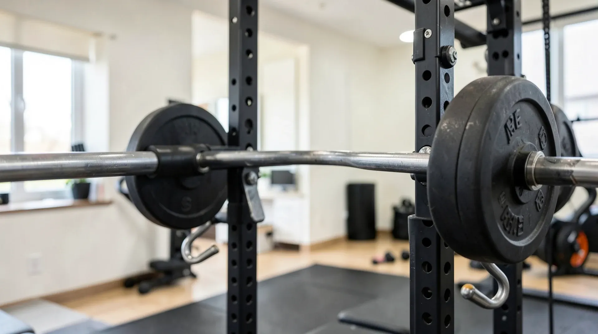 Power rack with horizontal safety bars set at squat height