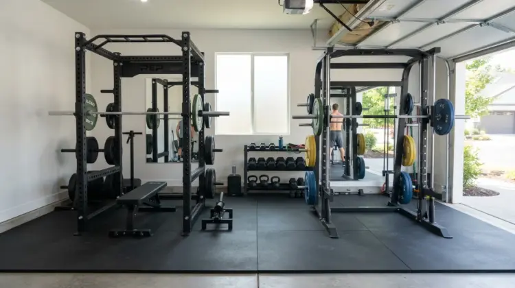 Power rack and Smith machine side by side in a home gym