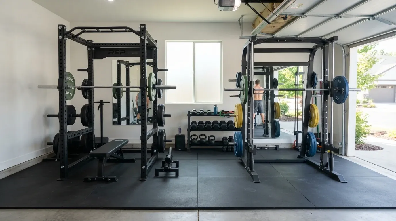Power rack and Smith machine side by side in a home gym