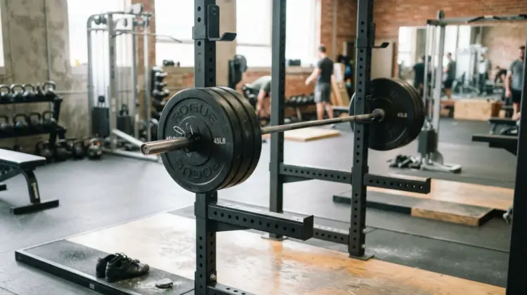 Barbell loaded with weight plates in power rack for rack pull exercise
