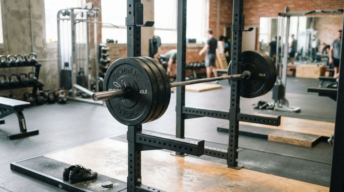 Barbell loaded with weight plates in power rack for rack pull exercise