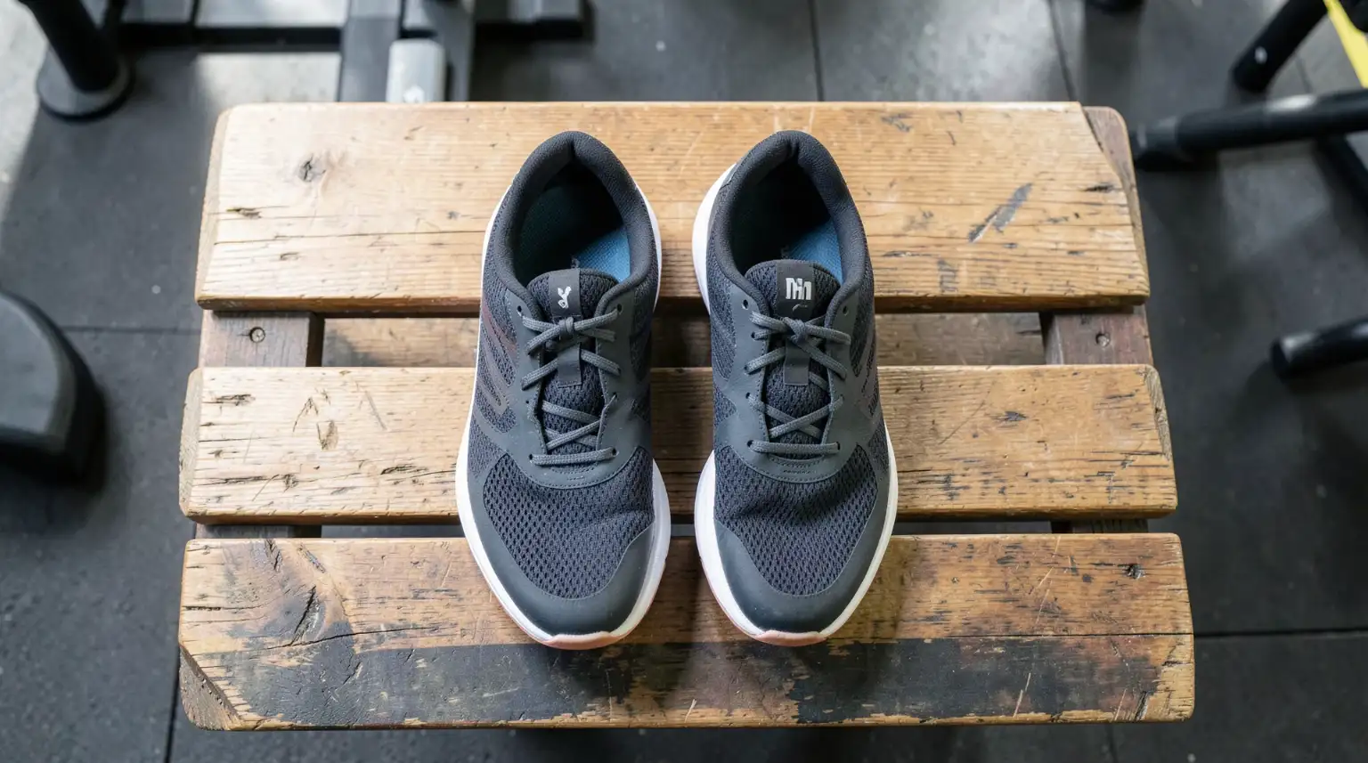 Gym shoes on wooden bench