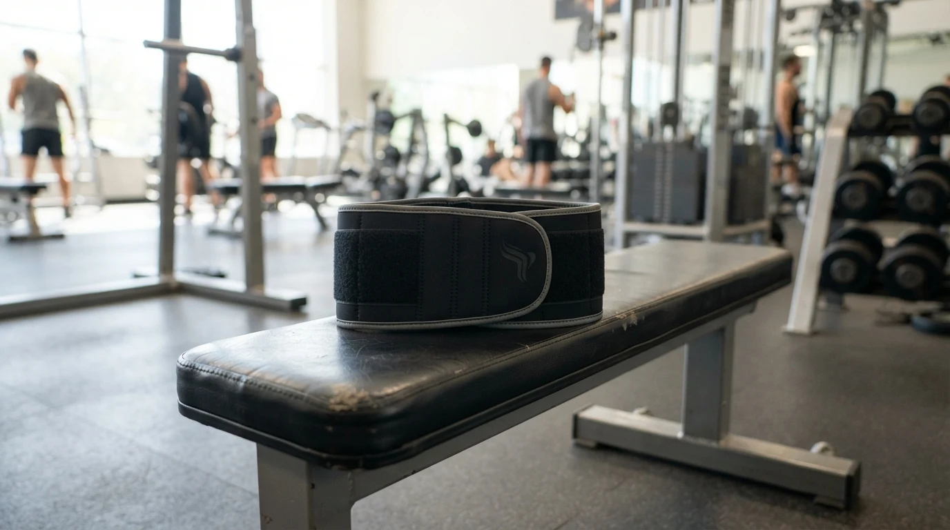 Waist trimmer belt on gym bench
