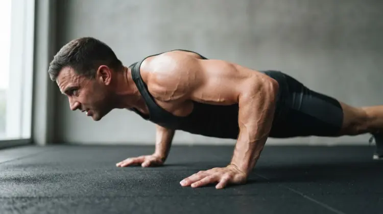 Athletic man at the bottom of a push-up on a dark gym floor, arms and shoulders taking his bodyweight