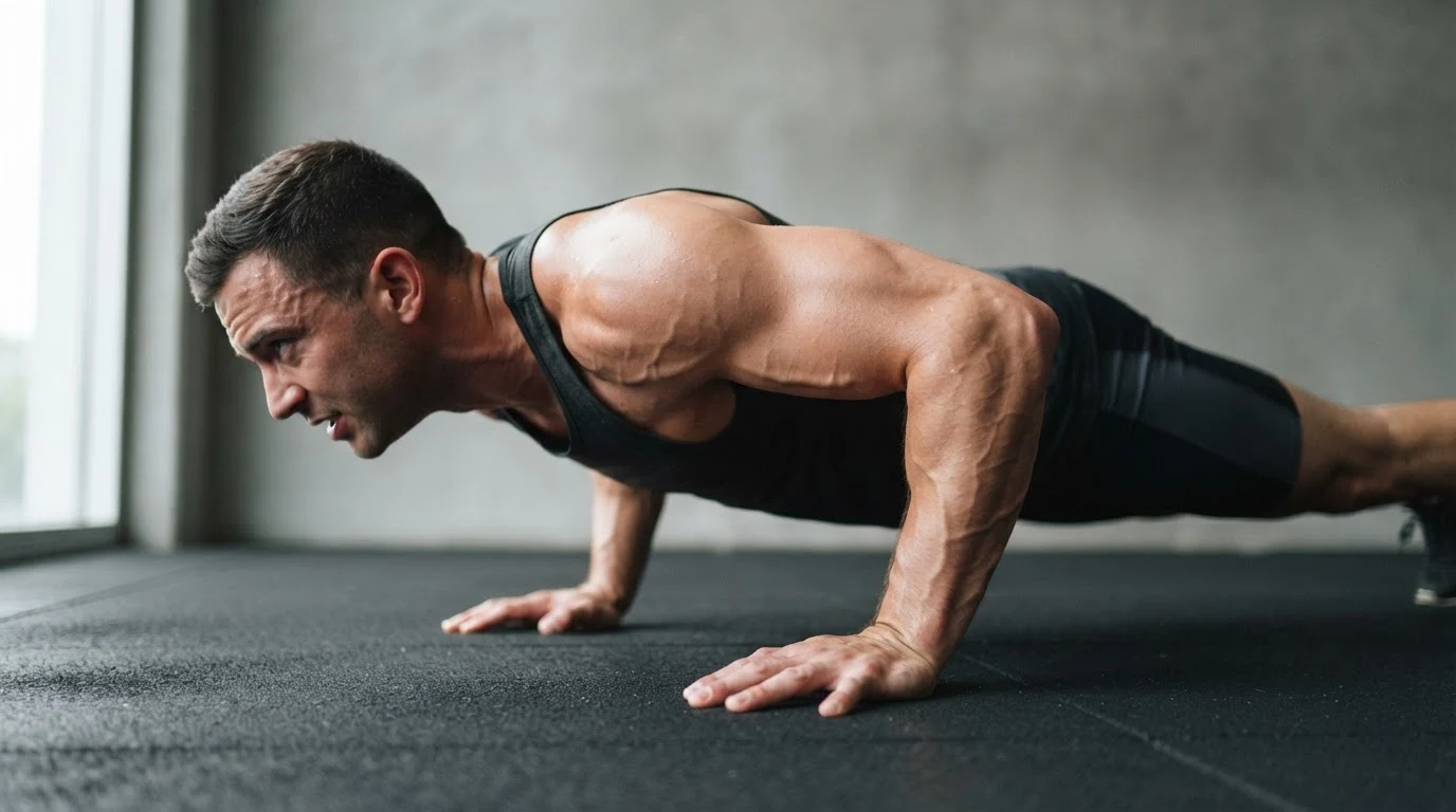 Athletic man at the bottom of a push-up on a dark gym floor, arms and shoulders taking his bodyweight