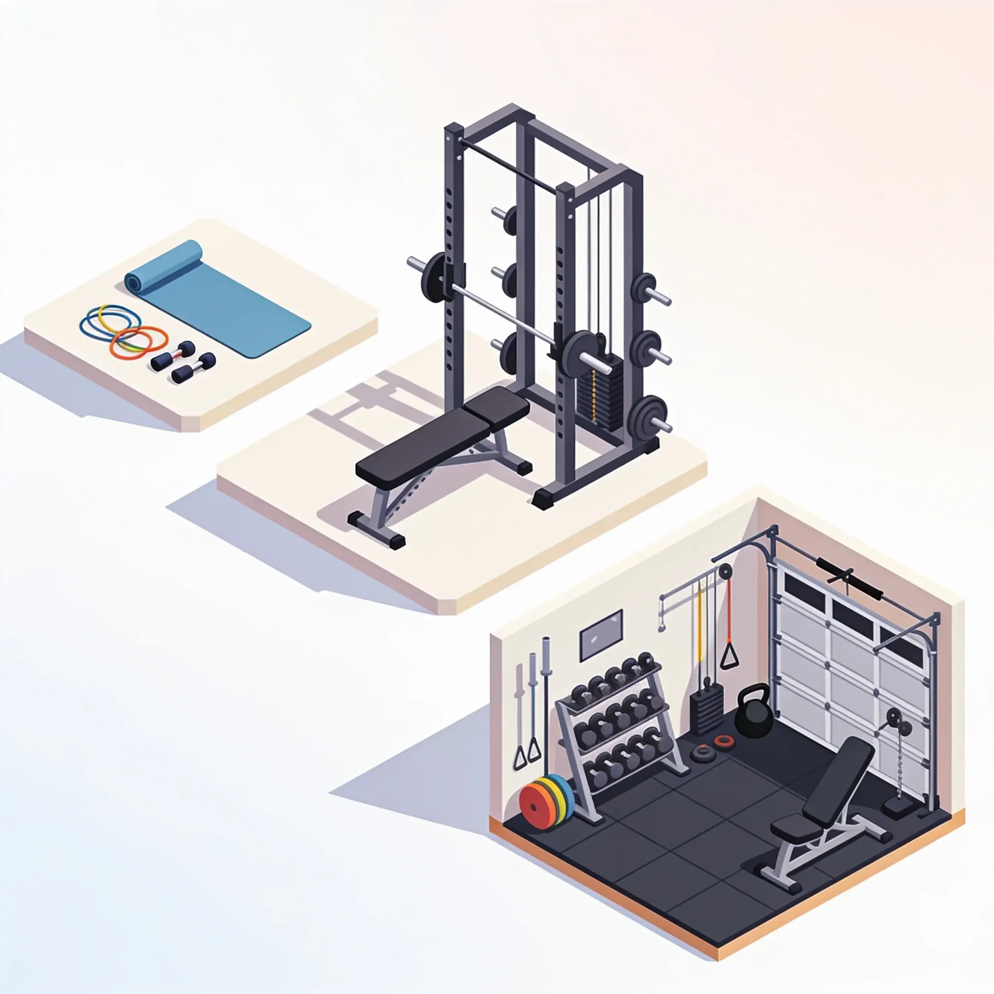 isometric illustration of home gym equipment building from bands to a full garage rack