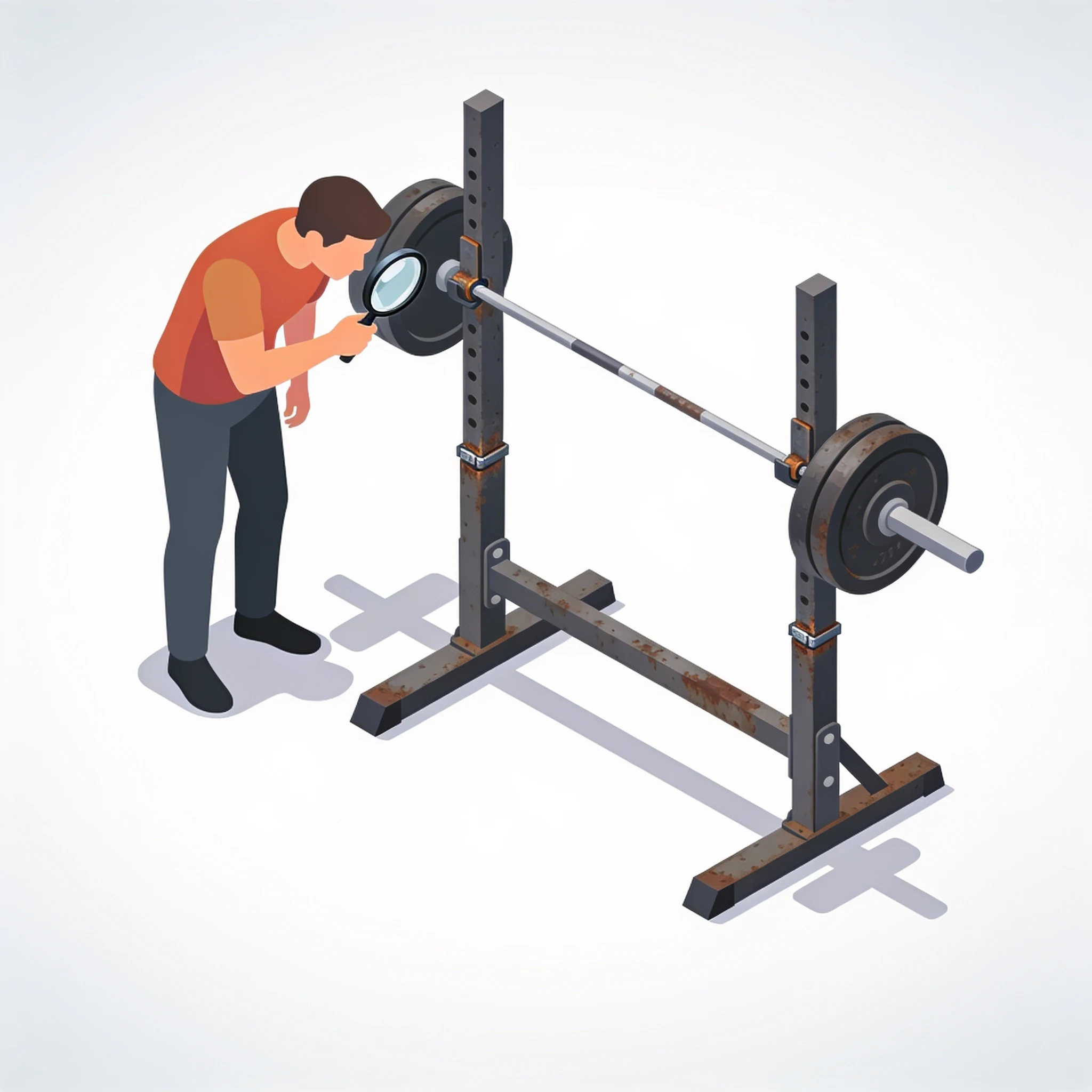 isometric illustration of inspecting a used barbell and power rack for wear