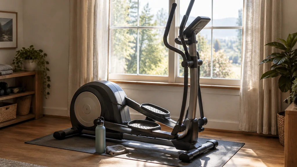 Elliptical machine set up in a bright home gym corner