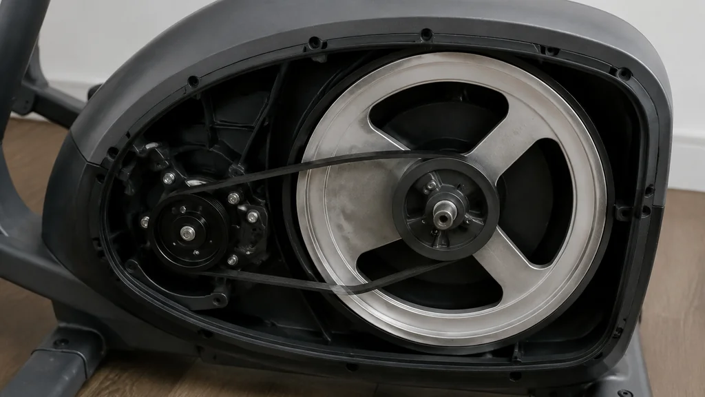Flywheel and belt assembly inside an elliptical resistance housing