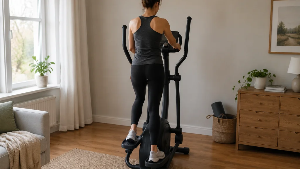 Adjusting resistance on an elliptical before a home workout
