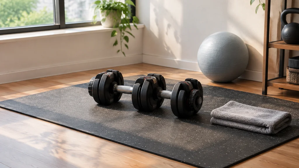 Adjustable hand weights and a medicine ball on a home gym mat