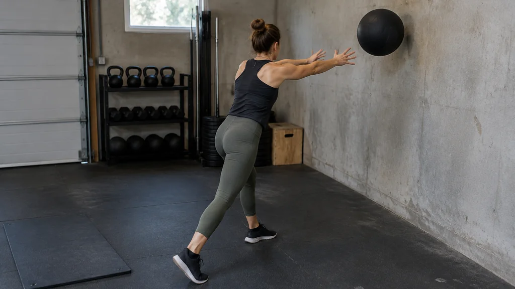 Beginner throwing a medicine ball against a garage wall