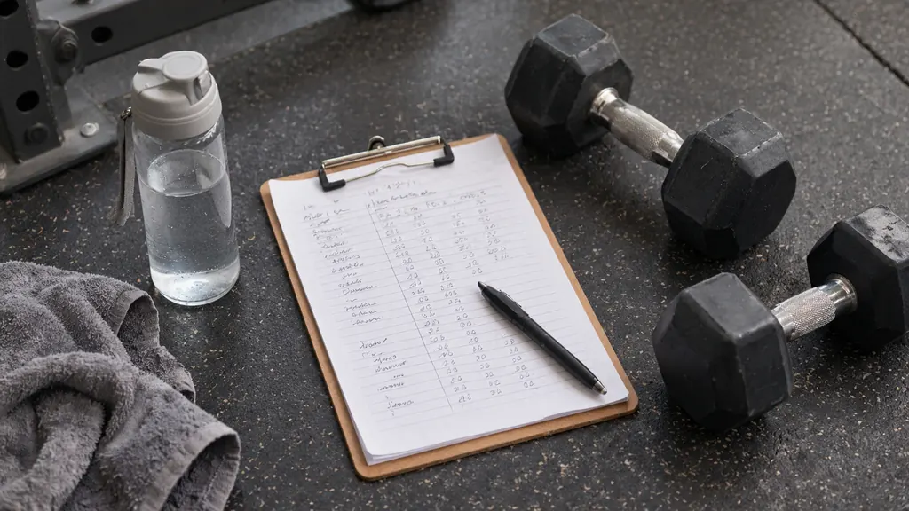 Training log and dumbbells on a home gym floor