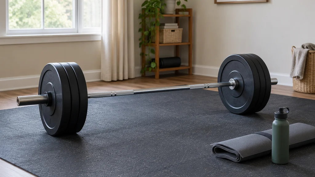 Barbell and bumper plates on a rubber mat in a home gym