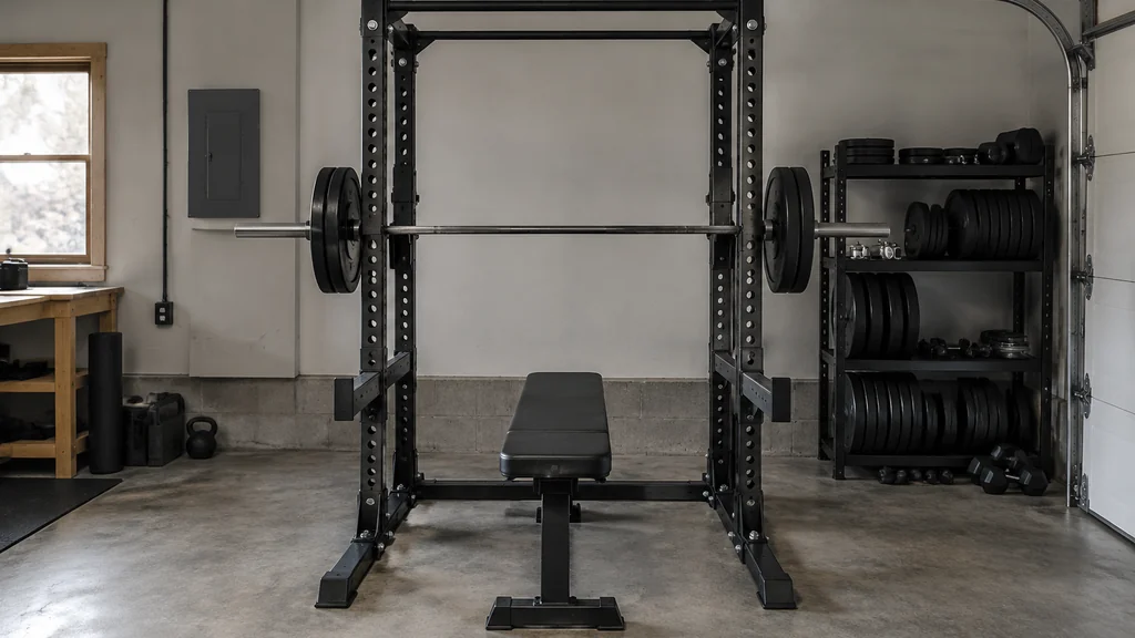 Power rack with bench and plate storage in a garage gym