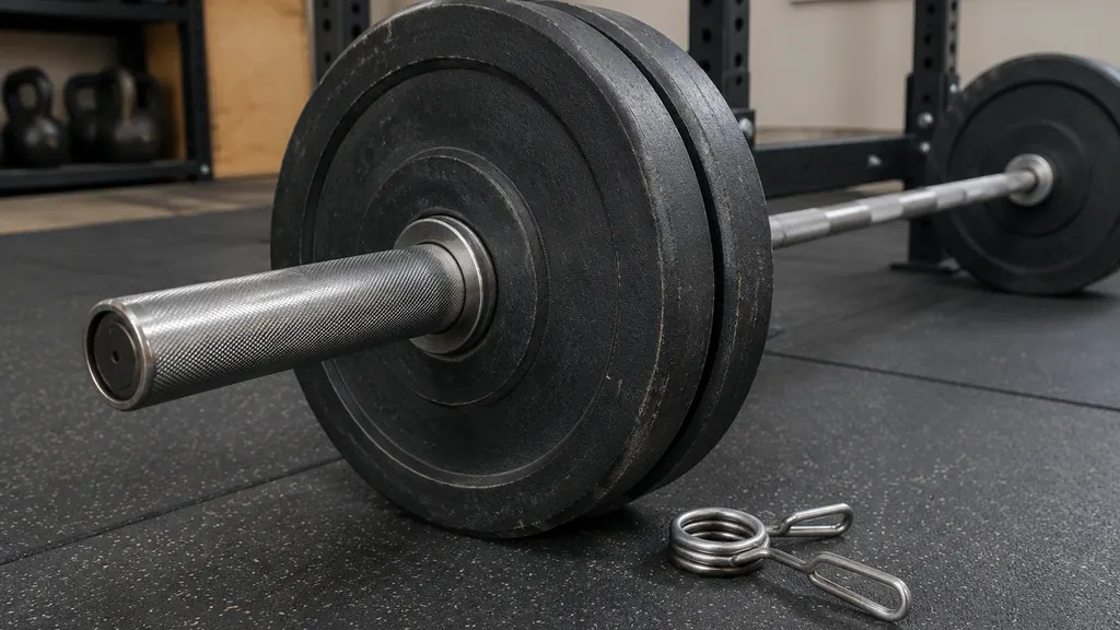 Olympic barbell, iron plates, spring collar, and rubber flooring