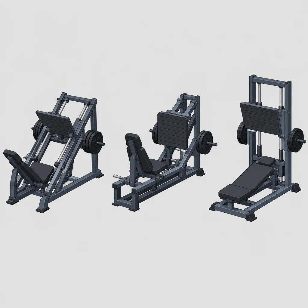 Isometric drawing of angled, horizontal and vertical leg press layouts