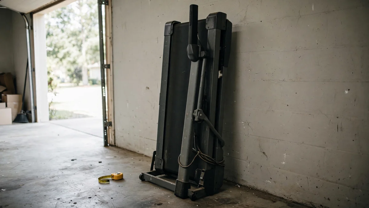 Folded treadmill against a garage wall with tape measure on floor