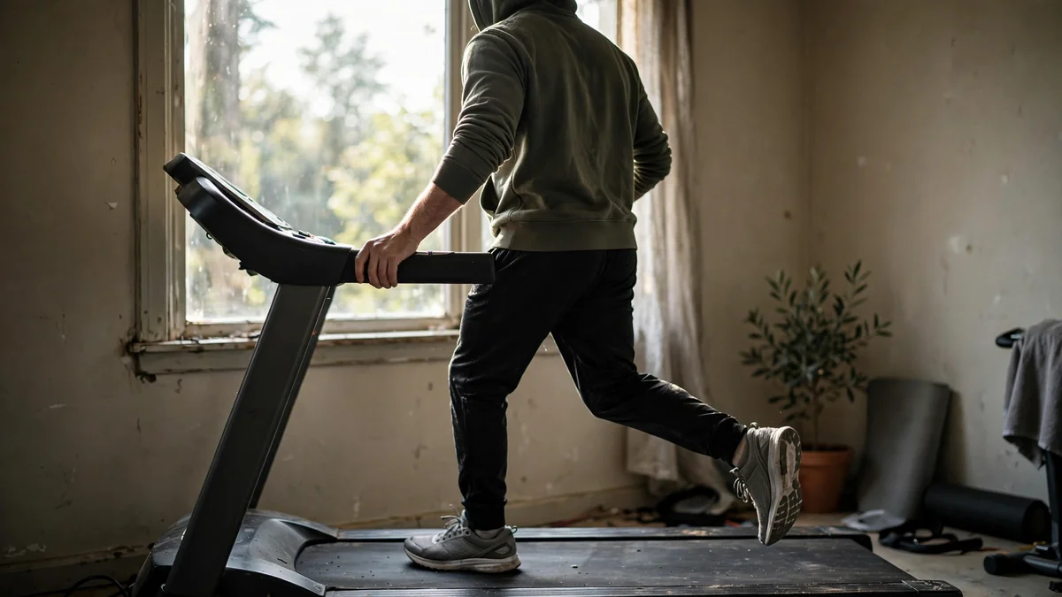 Runner mid-stride on a home treadmill holding the side rail