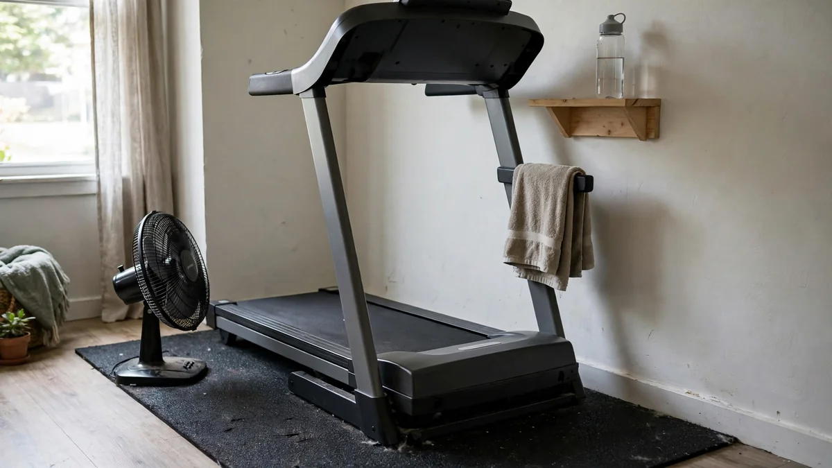 Home treadmill set up with fan, water bottle and rubber mat