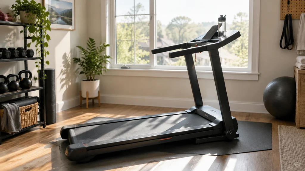 Folding NordicTrack treadmill set up in a home gym corner