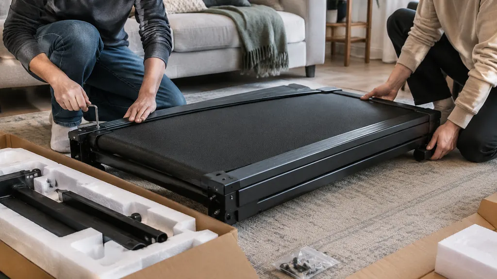 Two people assembling a treadmill deck on a living room floor