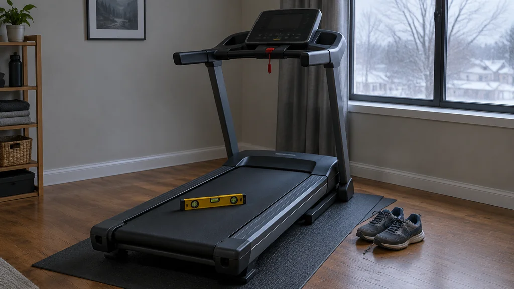 Treadmill on a rubber mat with a level and running shoes