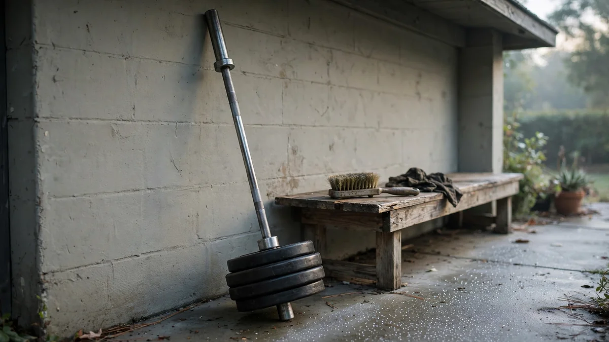 Barbell stored outdoors beside a garage wall