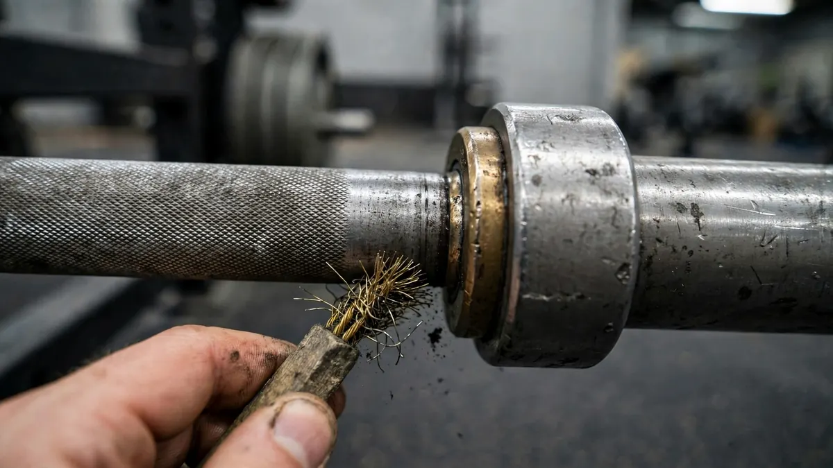 Barbell knurling and sleeve junction close up