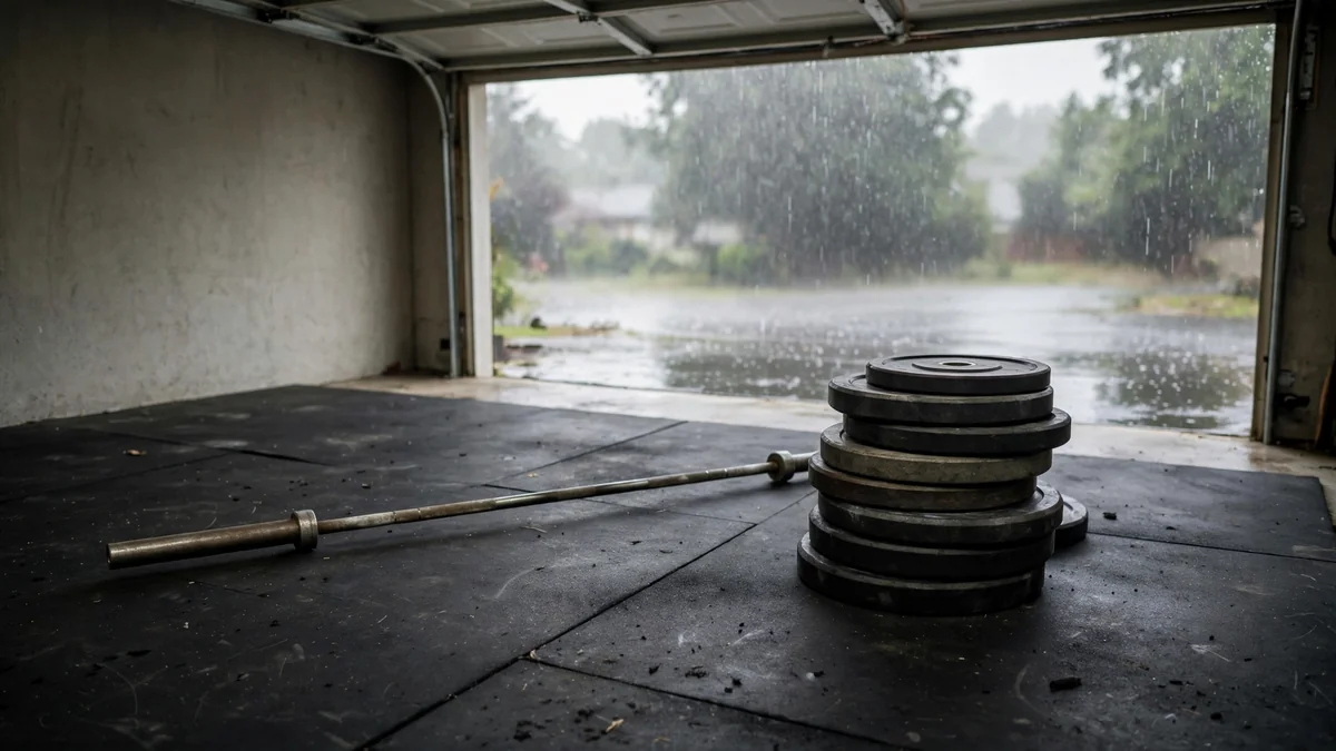 Barbell on rubber flooring near an open garage door