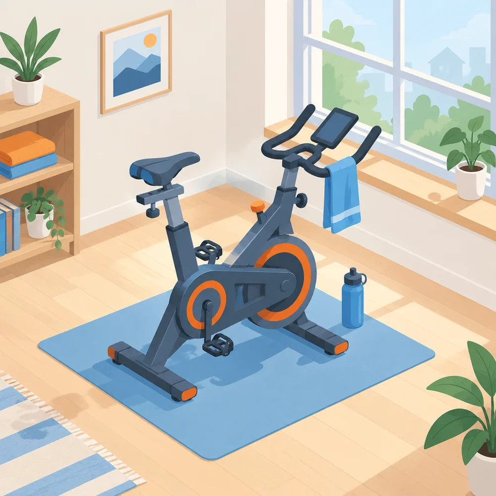 Indoor cycling bike on a mat in a bright room