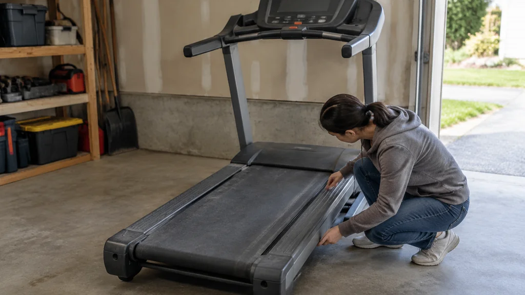 Used treadmill in a garage being inspected before purchase