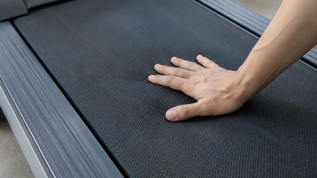 Hand testing treadmill belt tension and surface condition