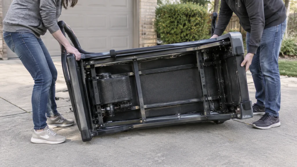 Two people inspecting the underside of a used treadmill