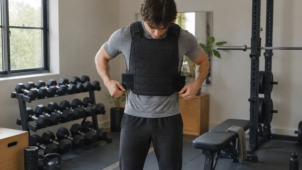 Person adjusting side straps on a weighted vest in a home gym