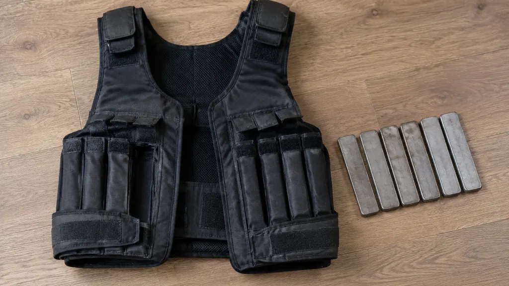 Adjustable weighted vest with steel plates removed and lined up on floor