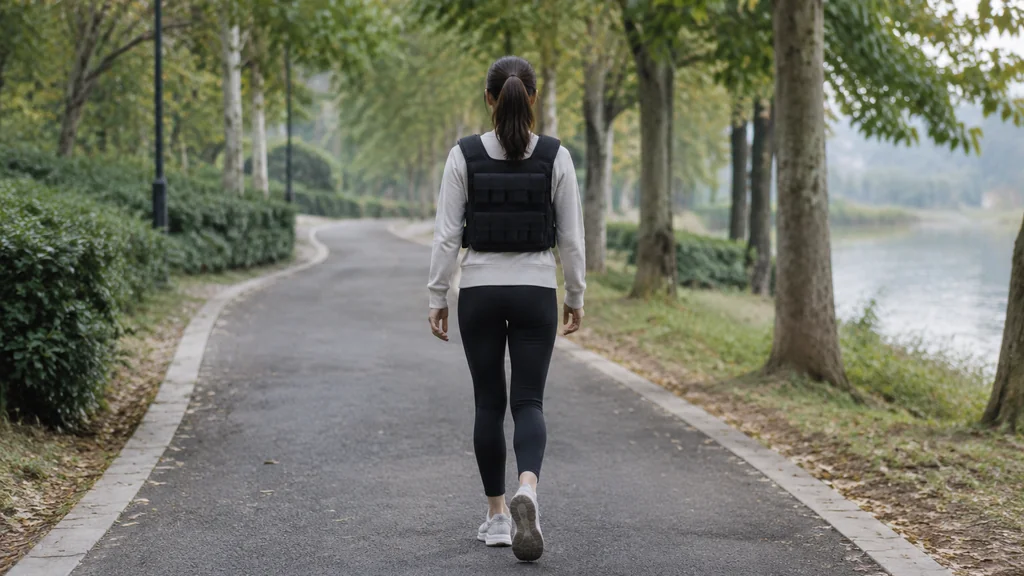 Person walking outdoors on a path wearing a weighted vest